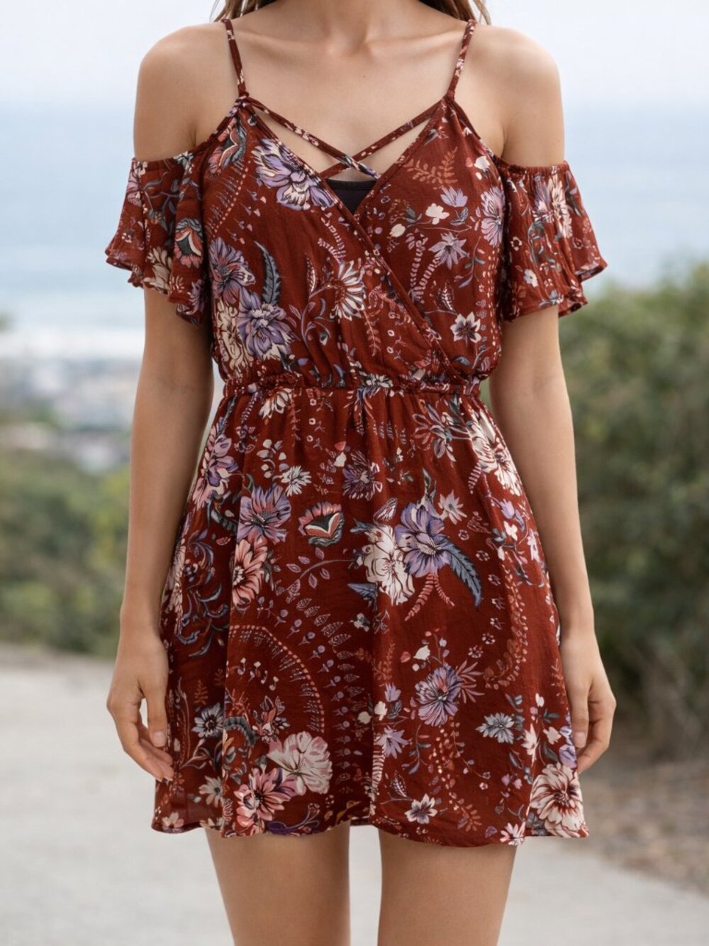 Rue 21 Rust Floral Wrap Dress XS Boho Summer Mini Cold Shoulder Rayon